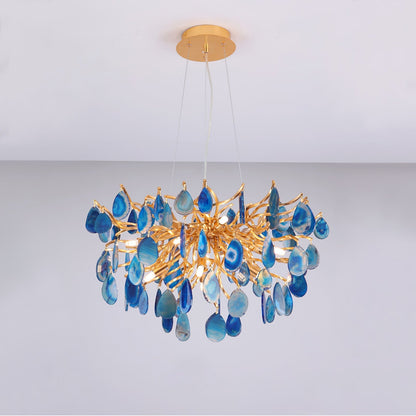 Natuursteen Agaat Kroonluchter met Vergulde Metalen Behuizing - Handgeslepen Schijven Warm Goudkleurige Afwerking 8 of 9 Lichtpunten Luxe Plafondverlichting Exclusief Statement-Piece