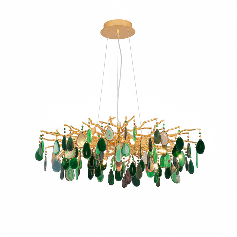 Natuursteen Agaat Kroonluchter met Vergulde Metalen Behuizing - Handgeslepen Schijven Warm Goudkleurige Afwerking 8 of 9 Lichtpunten Luxe Plafondverlichting Exclusief Statement-Piece