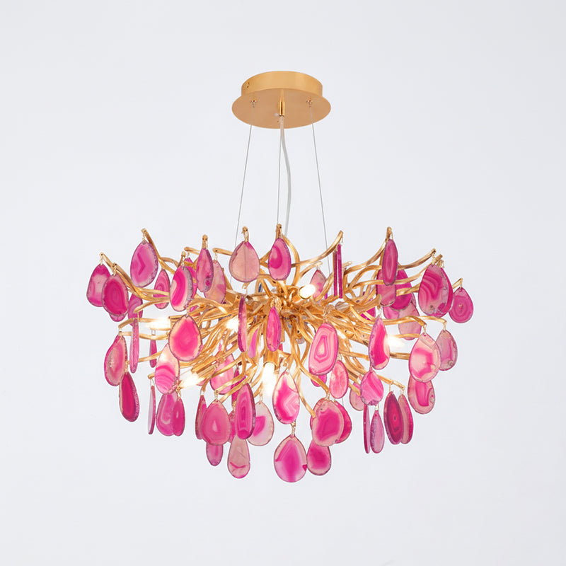 Natuursteen Agaat Kroonluchter met Vergulde Metalen Behuizing - Handgeslepen Schijven Warm Goudkleurige Afwerking 8 of 9 Lichtpunten Luxe Plafondverlichting Exclusief Statement-Piece