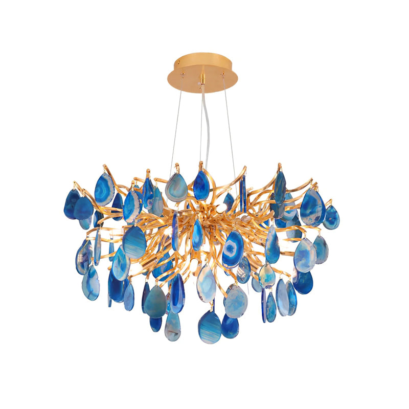 Natuursteen Agaat Kroonluchter met Vergulde Metalen Behuizing - Handgeslepen Schijven Warm Goudkleurige Afwerking 8 of 9 Lichtpunten Luxe Plafondverlichting Exclusief Statement-Piece