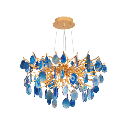 Natuursteen Agaat Kroonluchter met Vergulde Metalen Behuizing - Handgeslepen Schijven Warm Goudkleurige Afwerking 8 of 9 Lichtpunten Luxe Plafondverlichting Exclusief Statement-Piece
