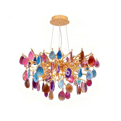 Natuursteen Agaat Kroonluchter met Vergulde Metalen Behuizing - Handgeslepen Schijven Warm Goudkleurige Afwerking 8 of 9 Lichtpunten Luxe Plafondverlichting Exclusief Statement-Piece