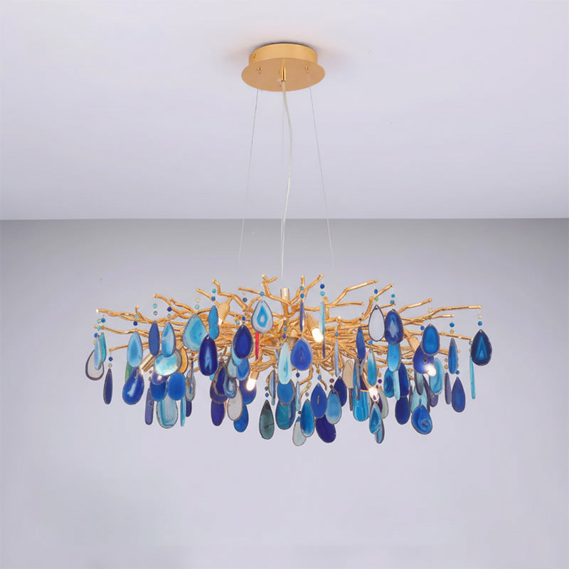 Natuursteen Agaat Kroonluchter met Vergulde Metalen Behuizing - Handgeslepen Schijven Warm Goudkleurige Afwerking 8 of 9 Lichtpunten Luxe Plafondverlichting Exclusief Statement-Piece