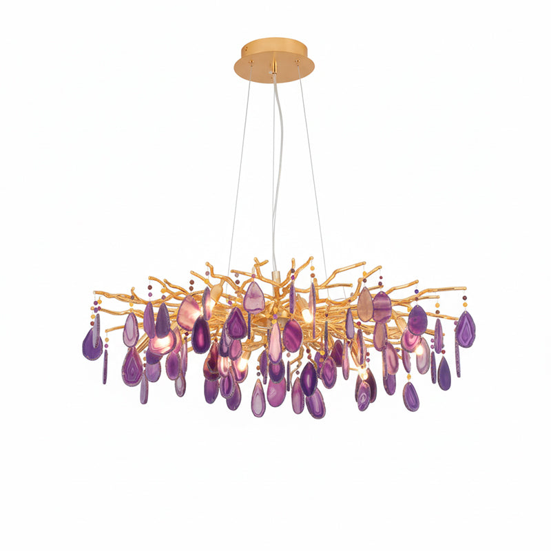 Natuursteen Agaat Kroonluchter met Vergulde Metalen Behuizing - Handgeslepen Schijven Warm Goudkleurige Afwerking 8 of 9 Lichtpunten Luxe Plafondverlichting Exclusief Statement-Piece