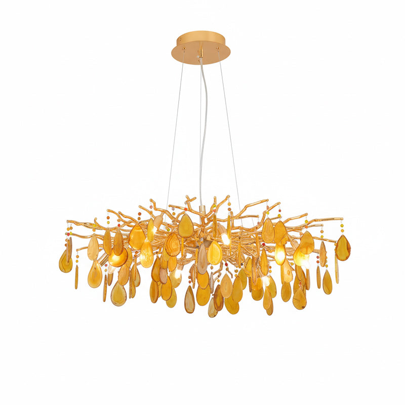 Natuursteen Agaat Kroonluchter met Vergulde Metalen Behuizing - Handgeslepen Schijven Warm Goudkleurige Afwerking 8 of 9 Lichtpunten Luxe Plafondverlichting Exclusief Statement-Piece