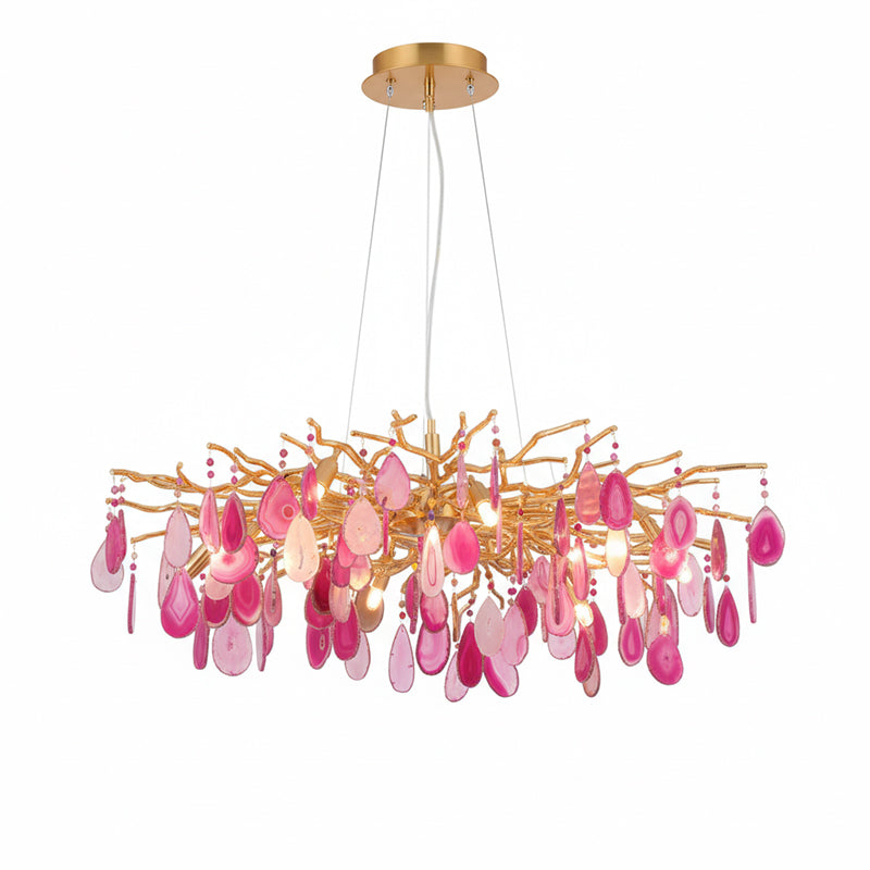 Natuursteen Agaat Kroonluchter met Vergulde Metalen Behuizing - Handgeslepen Schijven Warm Goudkleurige Afwerking 8 of 9 Lichtpunten Luxe Plafondverlichting Exclusief Statement-Piece