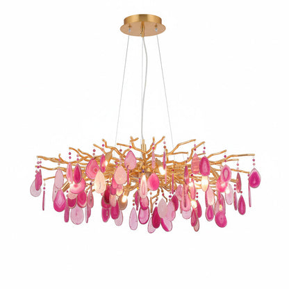 Natuursteen Agaat Kroonluchter met Vergulde Metalen Behuizing - Handgeslepen Schijven Warm Goudkleurige Afwerking 8 of 9 Lichtpunten Luxe Plafondverlichting Exclusief Statement-Piece