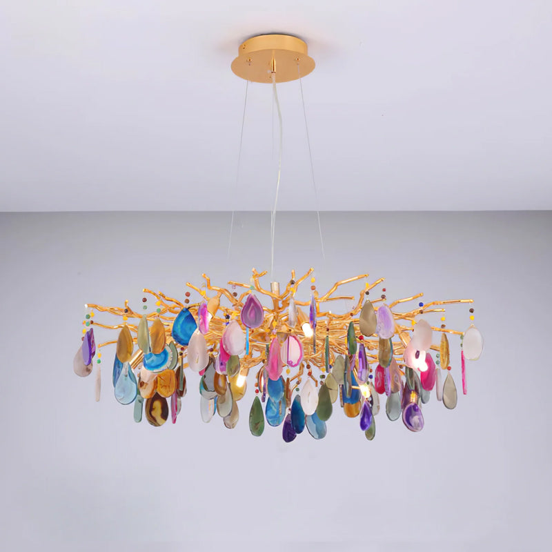 Natuursteen Agaat Kroonluchter met Vergulde Metalen Behuizing - Handgeslepen Schijven Warm Goudkleurige Afwerking 8 of 9 Lichtpunten Luxe Plafondverlichting Exclusief Statement-Piece