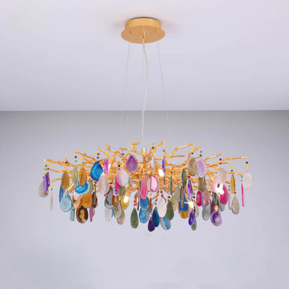 Natuursteen Agaat Kroonluchter met Vergulde Metalen Behuizing - Handgeslepen Schijven Warm Goudkleurige Afwerking 8 of 9 Lichtpunten Luxe Plafondverlichting Exclusief Statement-Piece