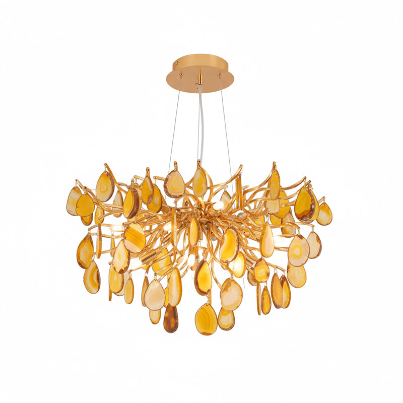 Natuursteen Agaat Kroonluchter met Vergulde Metalen Behuizing - Handgeslepen Schijven Warm Goudkleurige Afwerking 8 of 9 Lichtpunten Luxe Plafondverlichting Exclusief Statement-Piece