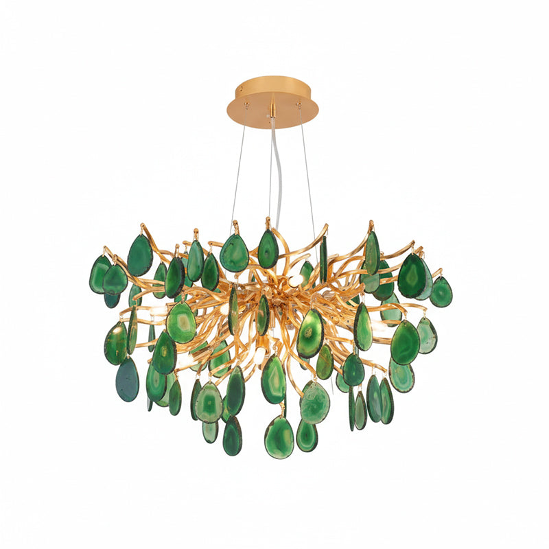 Natuursteen Agaat Kroonluchter met Vergulde Metalen Behuizing - Handgeslepen Schijven Warm Goudkleurige Afwerking 8 of 9 Lichtpunten Luxe Plafondverlichting Exclusief Statement-Piece