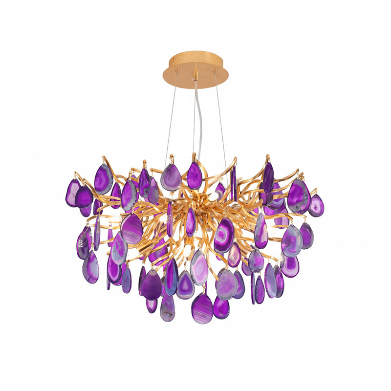 Natuursteen Agaat Kroonluchter met Vergulde Metalen Behuizing - Handgeslepen Schijven Warm Goudkleurige Afwerking 8 of 9 Lichtpunten Luxe Plafondverlichting Exclusief Statement-Piece