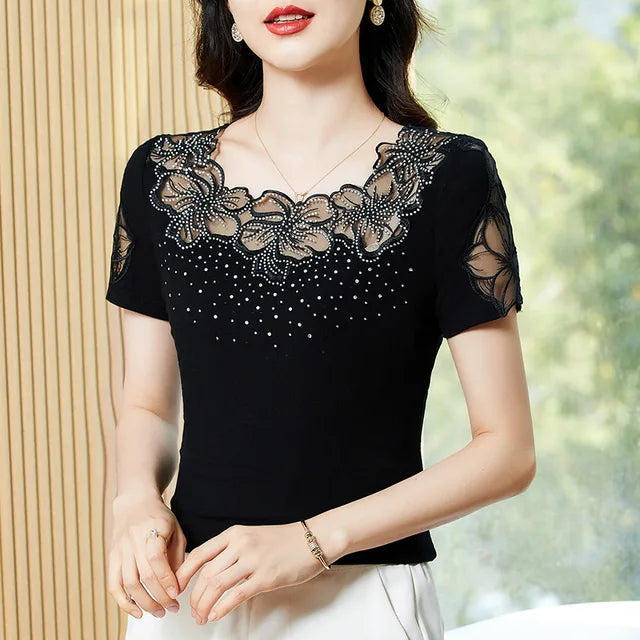 Dames T-shirt Korte Mouw Zomerse Mesh Top Blouse - StudioMarella