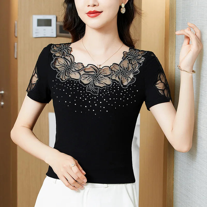 Dames T-shirt Korte Mouw Zomerse Mesh Top Blouse