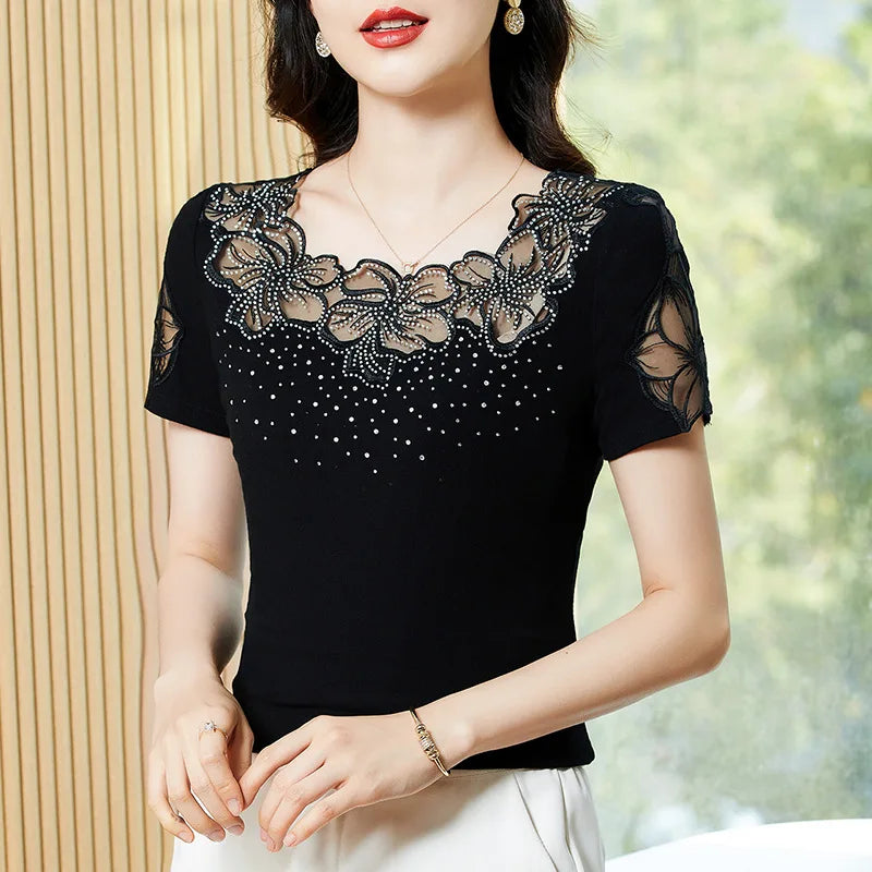 Dames T-shirt Korte Mouw Zomerse Mesh Top Blouse
