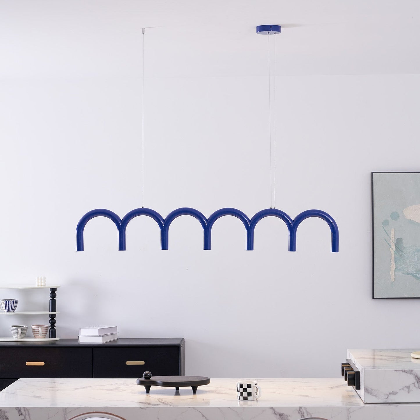 Moderne Kroonluchter met Cirkelvormige M-Bogen – 4, 7 of 9 Lichtpunten in Wit, Zwart of Blauw