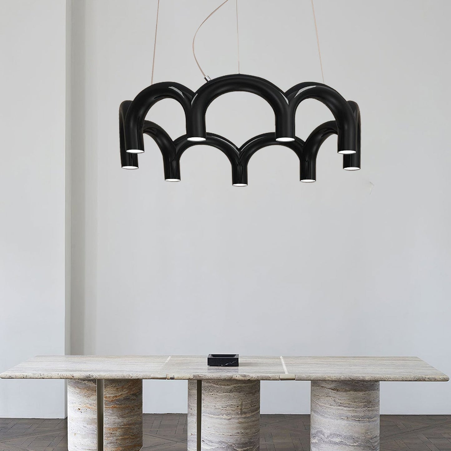 Moderne Kroonluchter met Cirkelvormige M-Bogen – 4, 7 of 9 Lichtpunten in Wit, Zwart of Blauw