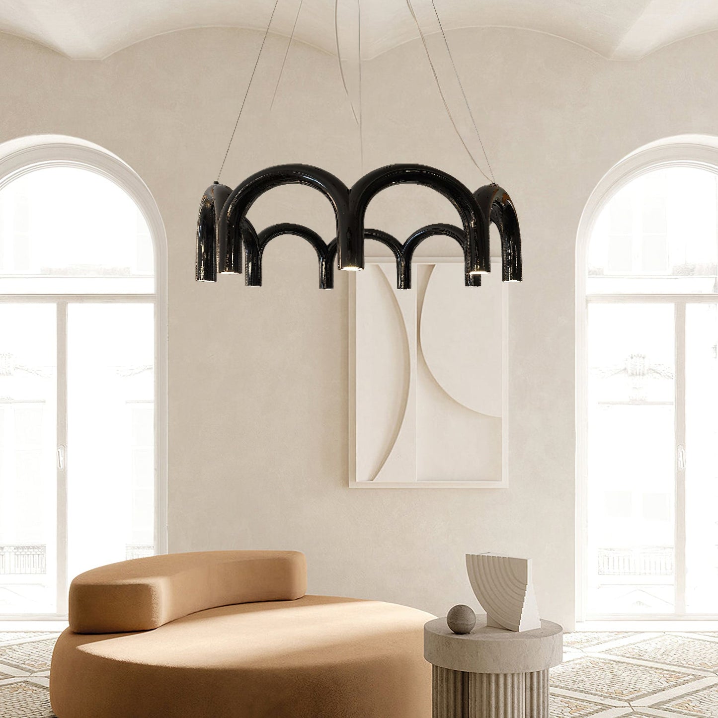 Moderne Kroonluchter met Cirkelvormige M-Bogen – 4, 7 of 9 Lichtpunten in Wit, Zwart of Blauw