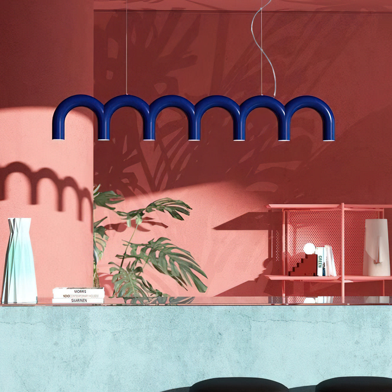 Moderne Kroonluchter met Cirkelvormige M-Bogen – 4, 7 of 9 Lichtpunten in Wit, Zwart of Blauw