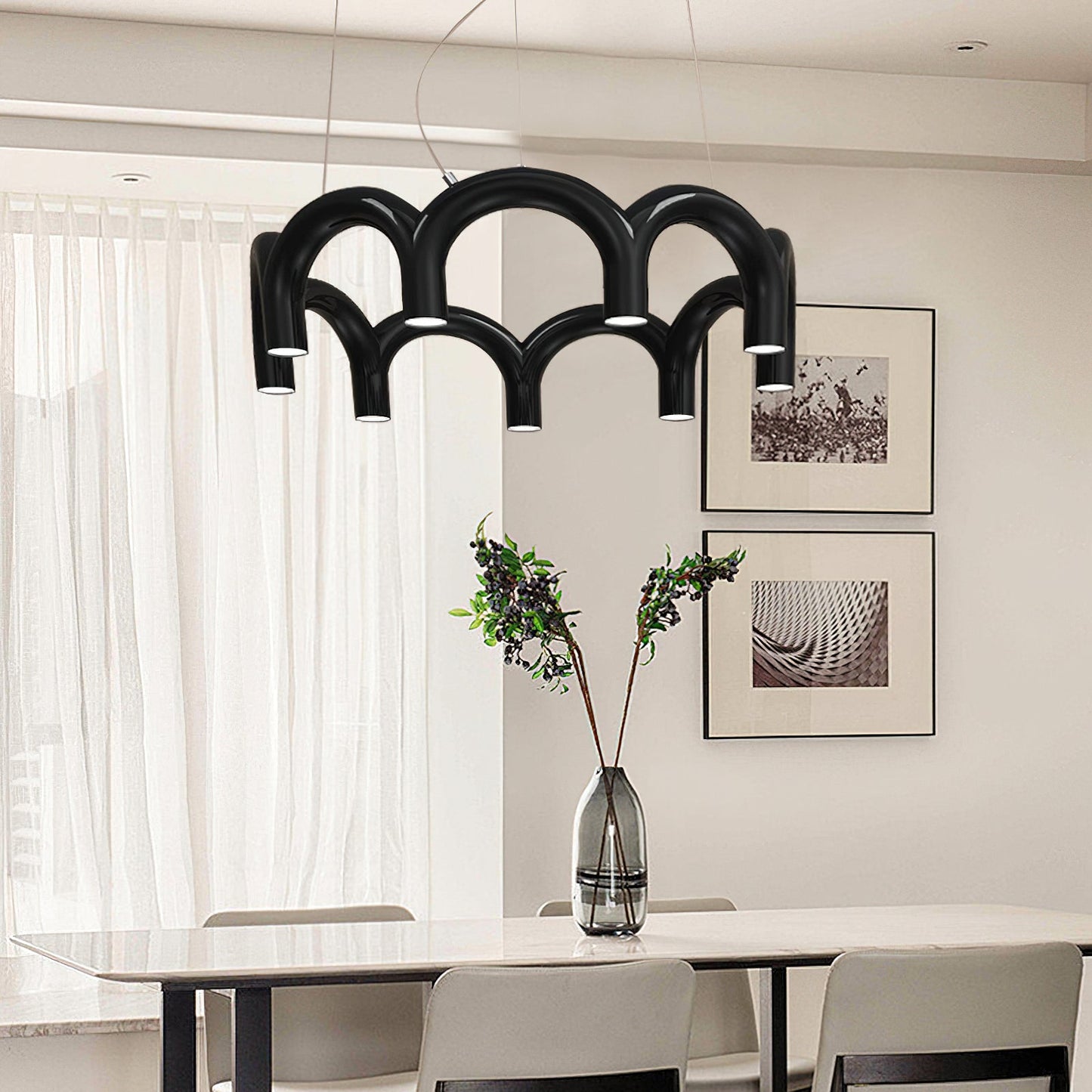 Moderne Kroonluchter met Cirkelvormige M-Bogen – 4, 7 of 9 Lichtpunten in Wit, Zwart of Blauw
