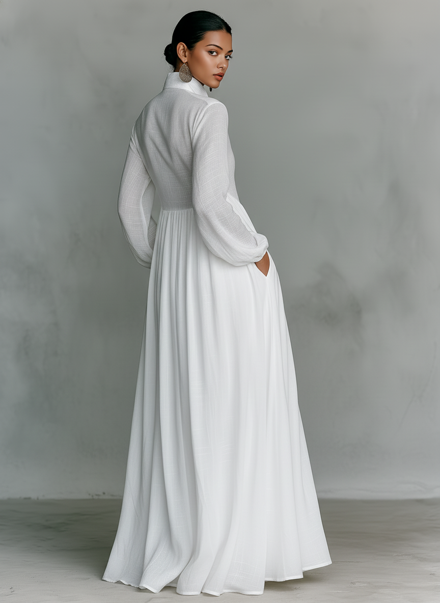 Dames maxi-jurk linnen patchwork staande kraag