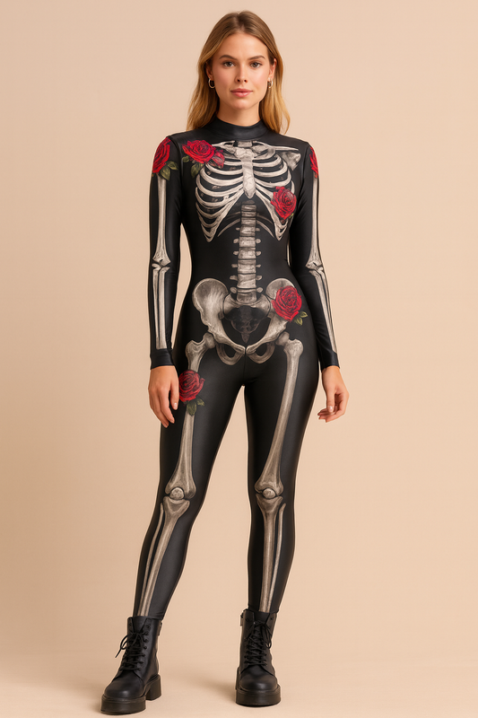Dames Halloween Kostuum Catsuit Skelet met Rozen - StudioMarella