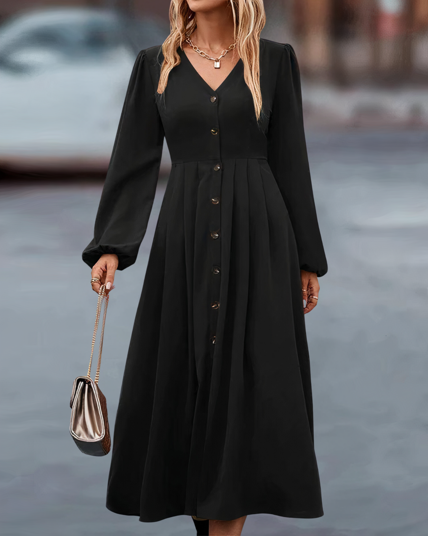 Dames Maxi Jurk Lange Mouwen Zomerjurk met Knoopsluiting