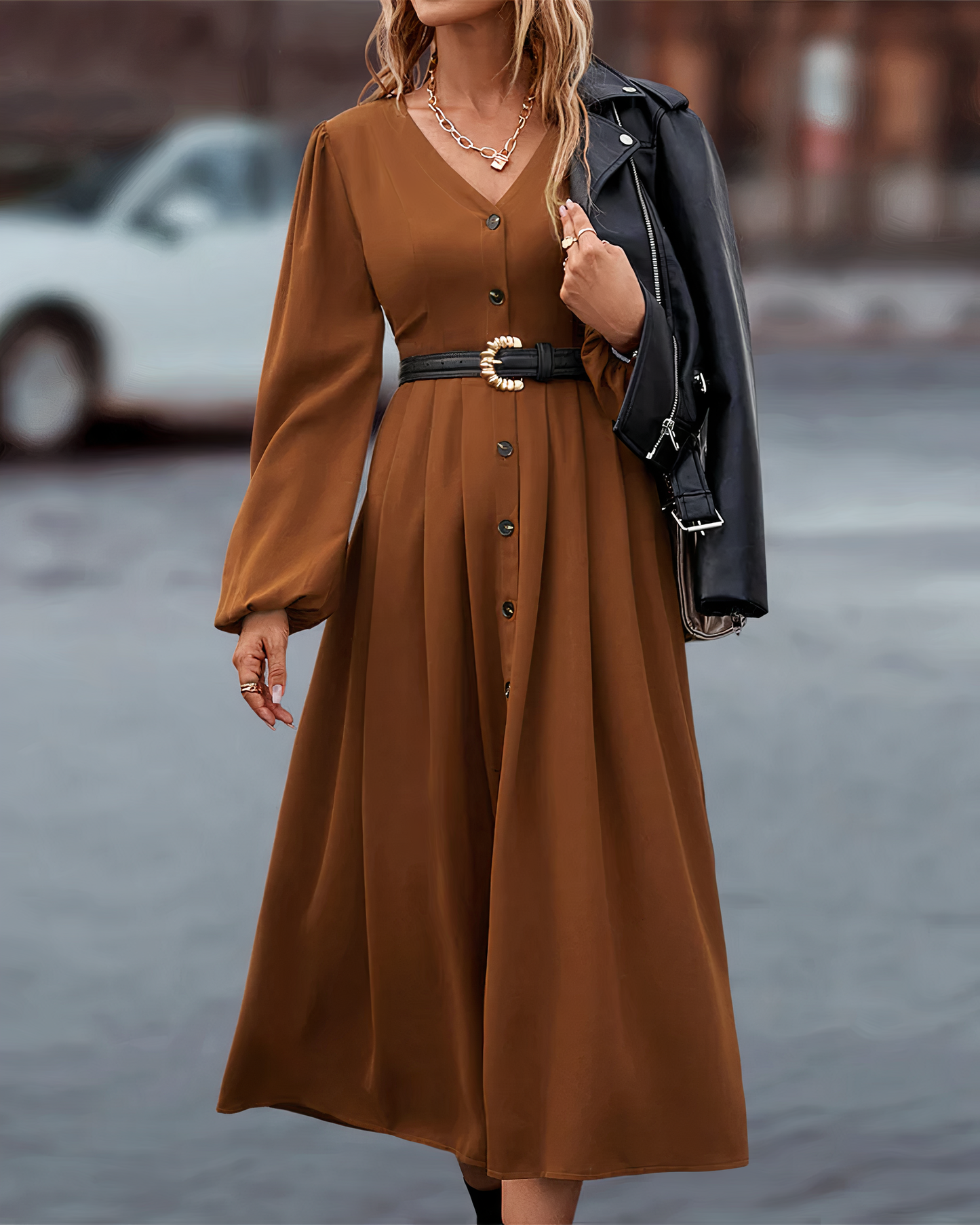 Dames Maxi Jurk Lange Mouwen Zomerjurk met Knoopsluiting