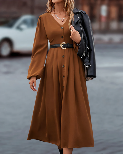 Dames Maxi Jurk Lange Mouwen Zomerjurk met Knoopsluiting