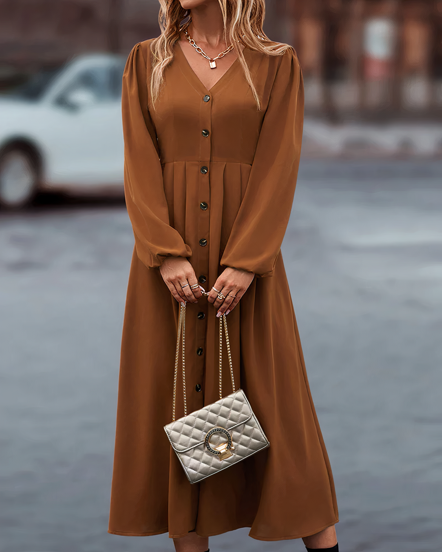 Dames Maxi Jurk Lange Mouwen Zomerjurk met Knoopsluiting