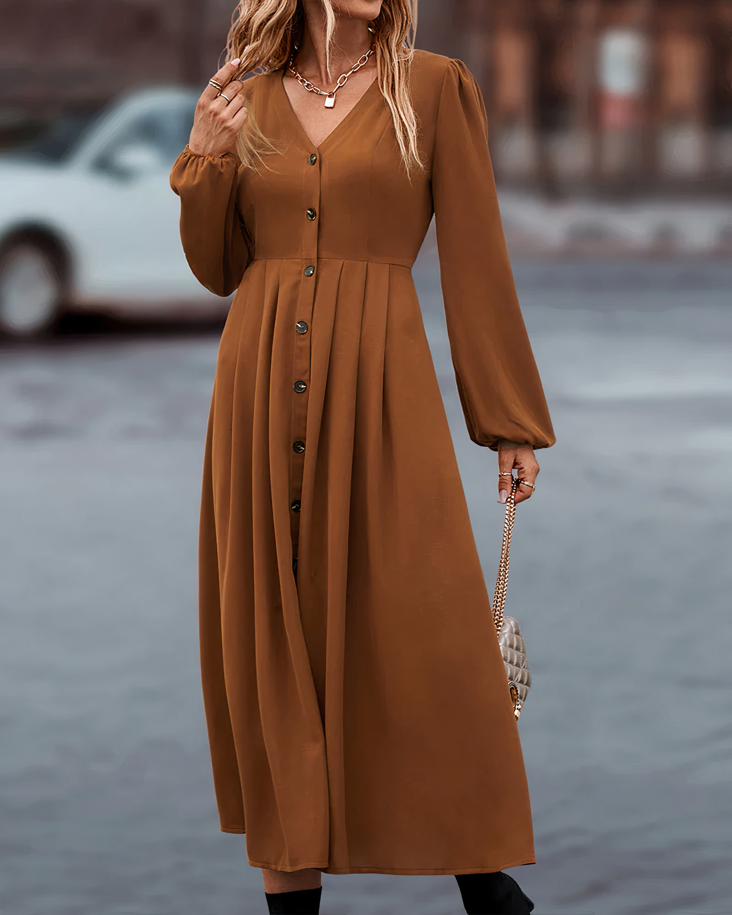 Dames Maxi Jurk Lange Mouwen Zomerjurk met Knoopsluiting