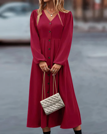 Dames Maxi Jurk Lange Mouwen Zomerjurk met Knoopsluiting