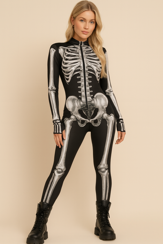 Zwarte Halloween Jumpsuit Dames Schedel Catsuit Costuum - StudioMarella