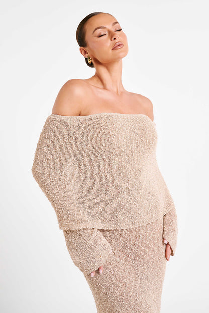 Off-Shoulder Maxi Jurk Bouclé Stof Zomerjurk