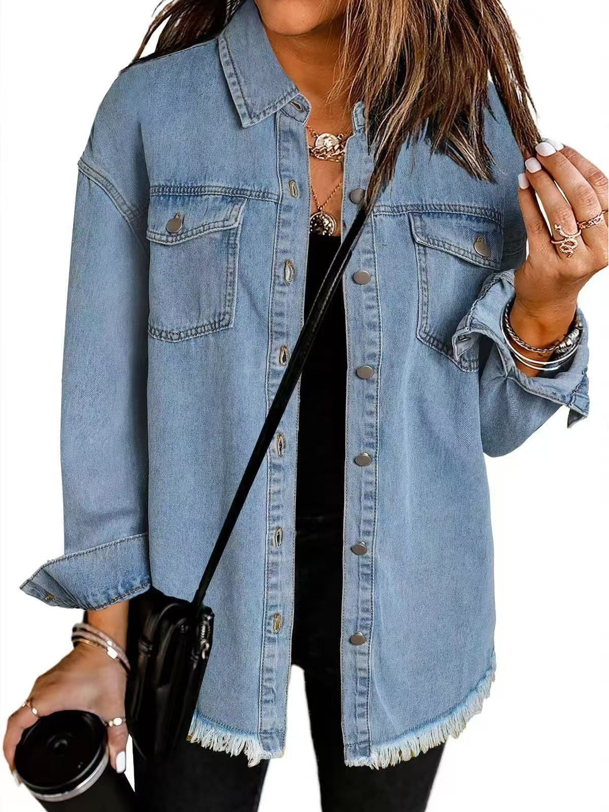 Dames Blouse Denim Klassiek Met Zakken Lichtblauw