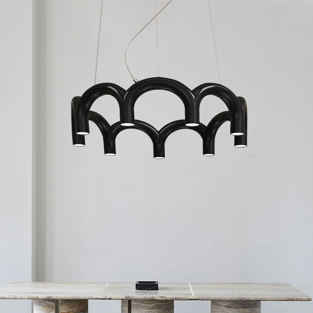 Moderne Kroonluchter met Cirkelvormige M-Bogen – 4, 7 of 9 Lichtpunten in Wit, Zwart of Blauw