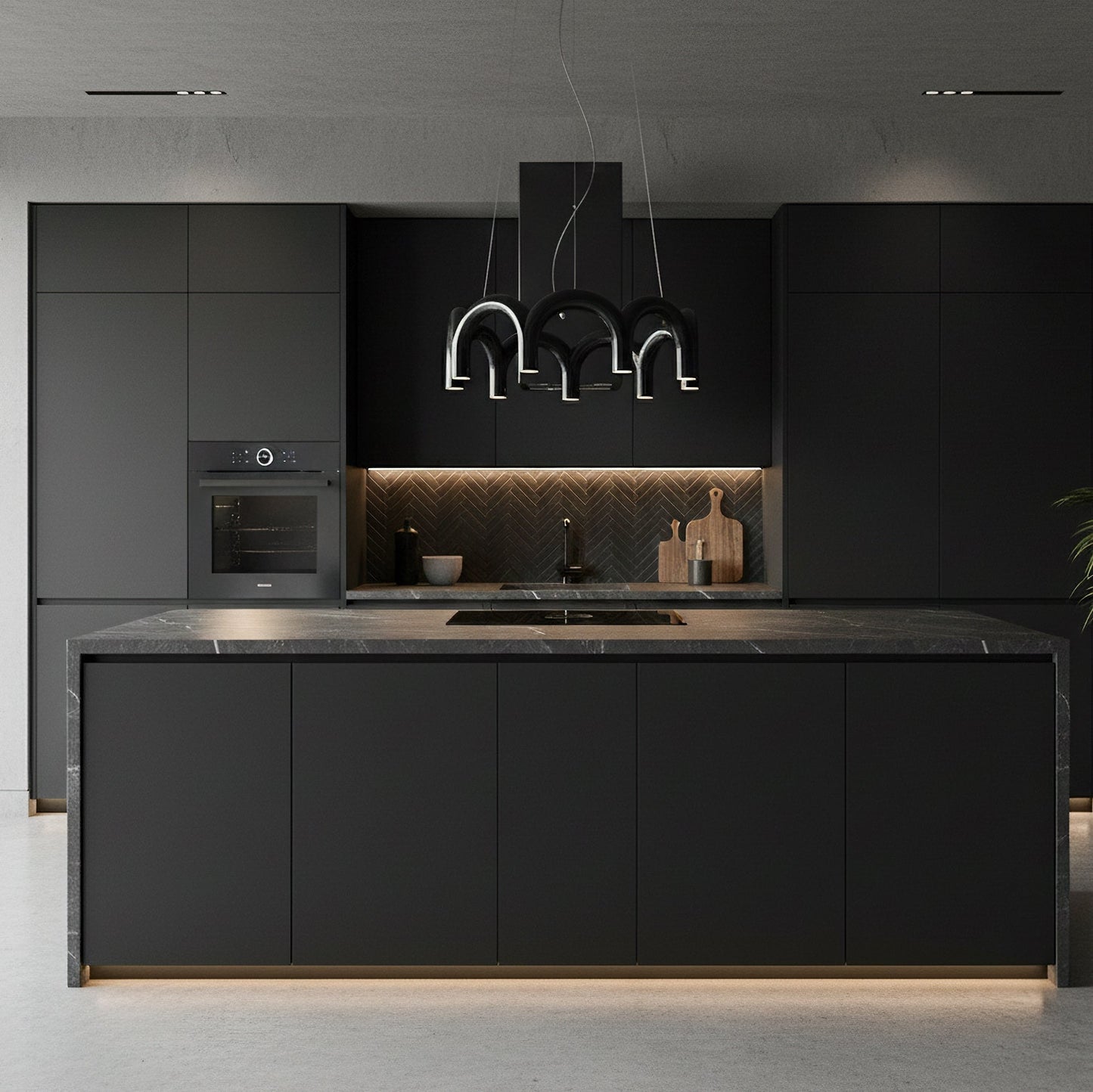 Moderne Kroonluchter met Cirkelvormige M-Bogen – 4, 7 of 9 Lichtpunten in Wit, Zwart of Blauw