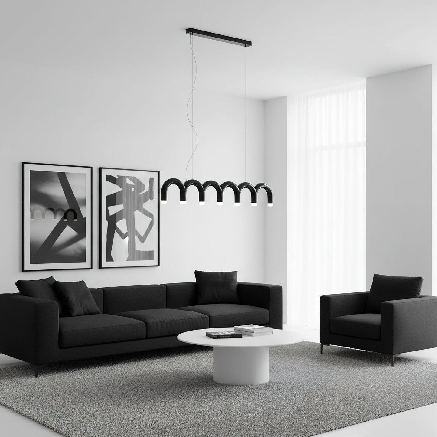 Moderne Kroonluchter met Cirkelvormige M-Bogen – 4, 7 of 9 Lichtpunten in Wit, Zwart of Blauw