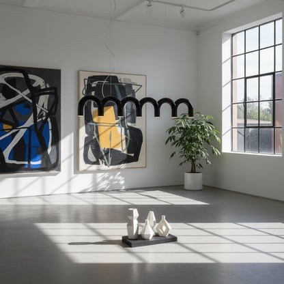 Moderne Kroonluchter met Cirkelvormige M-Bogen – 4, 7 of 9 Lichtpunten in Wit, Zwart of Blauw