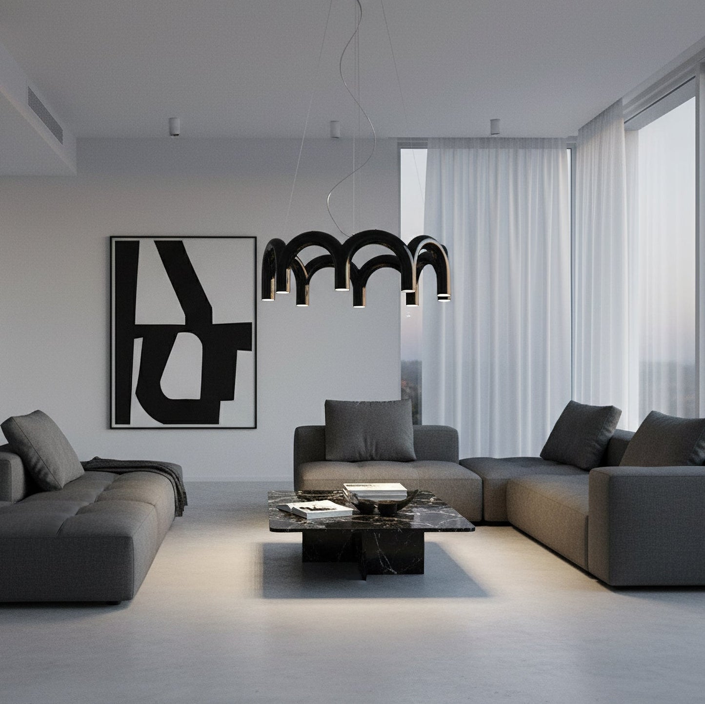 Moderne Kroonluchter met Cirkelvormige M-Bogen – 4, 7 of 9 Lichtpunten in Wit, Zwart of Blauw