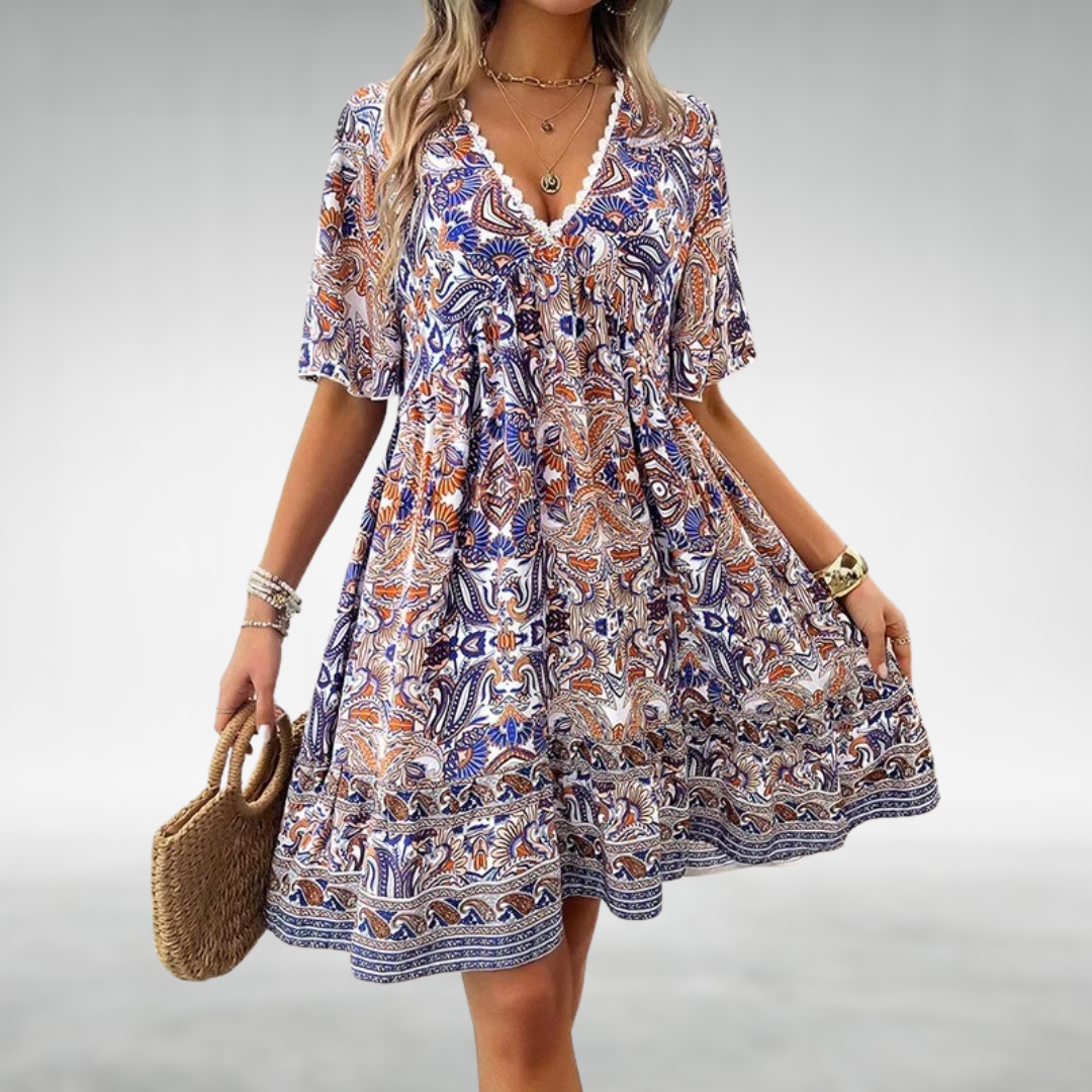 Korte Zomerjurk V-hals Boho Stijl Etnische Print