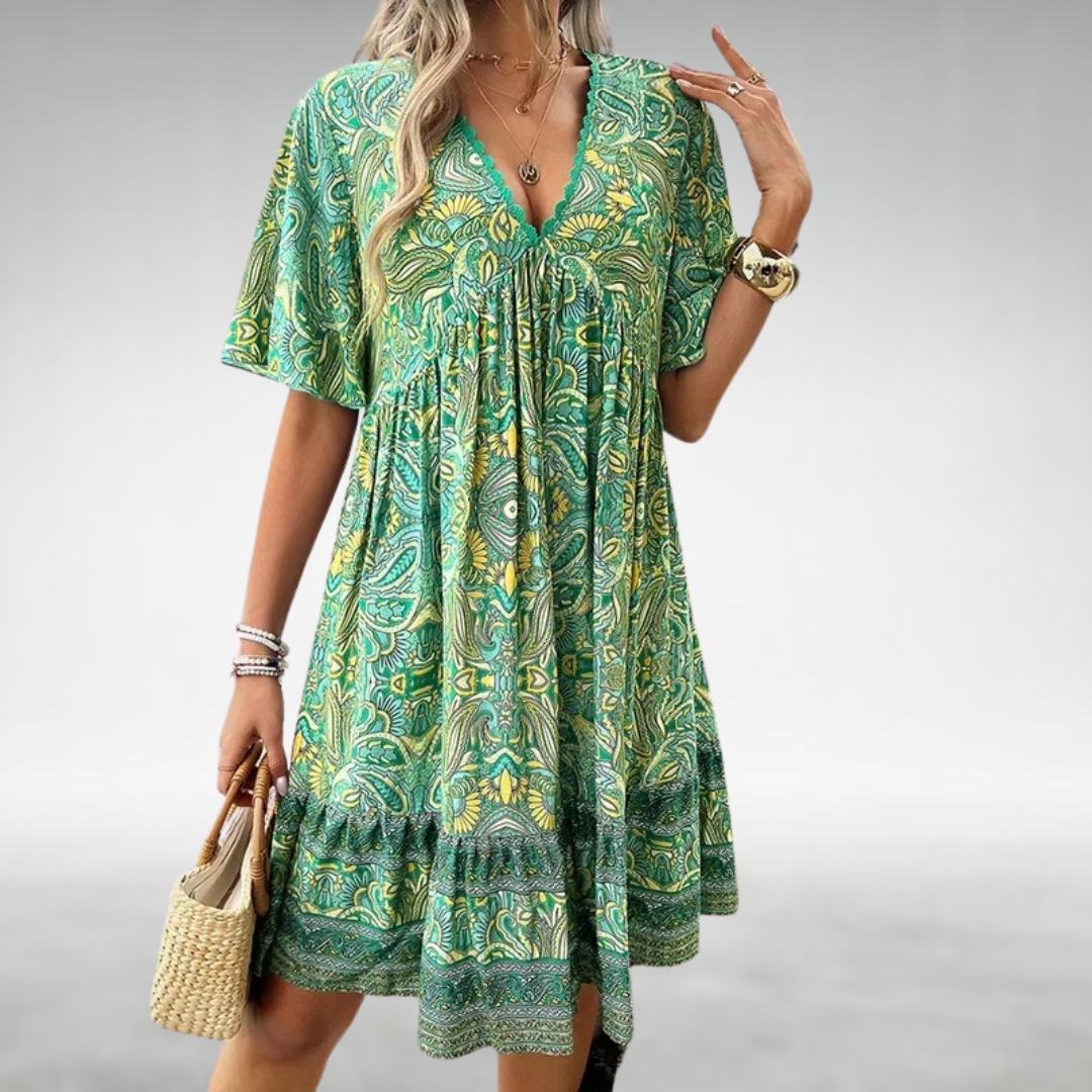 Korte Zomerjurk V-hals Boho Stijl Etnische Print - StudioMarella