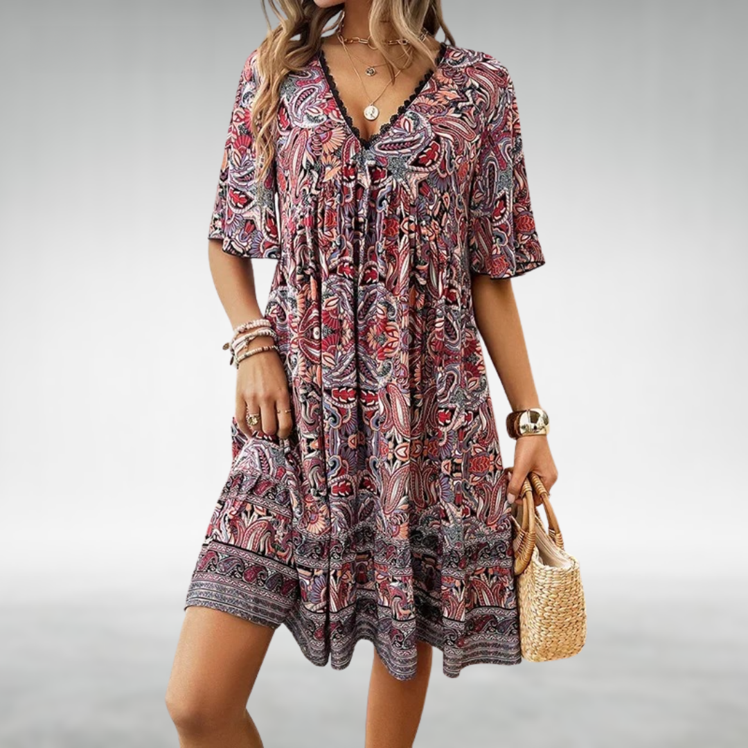 Korte Zomerjurk V-hals Boho Stijl Etnische Print