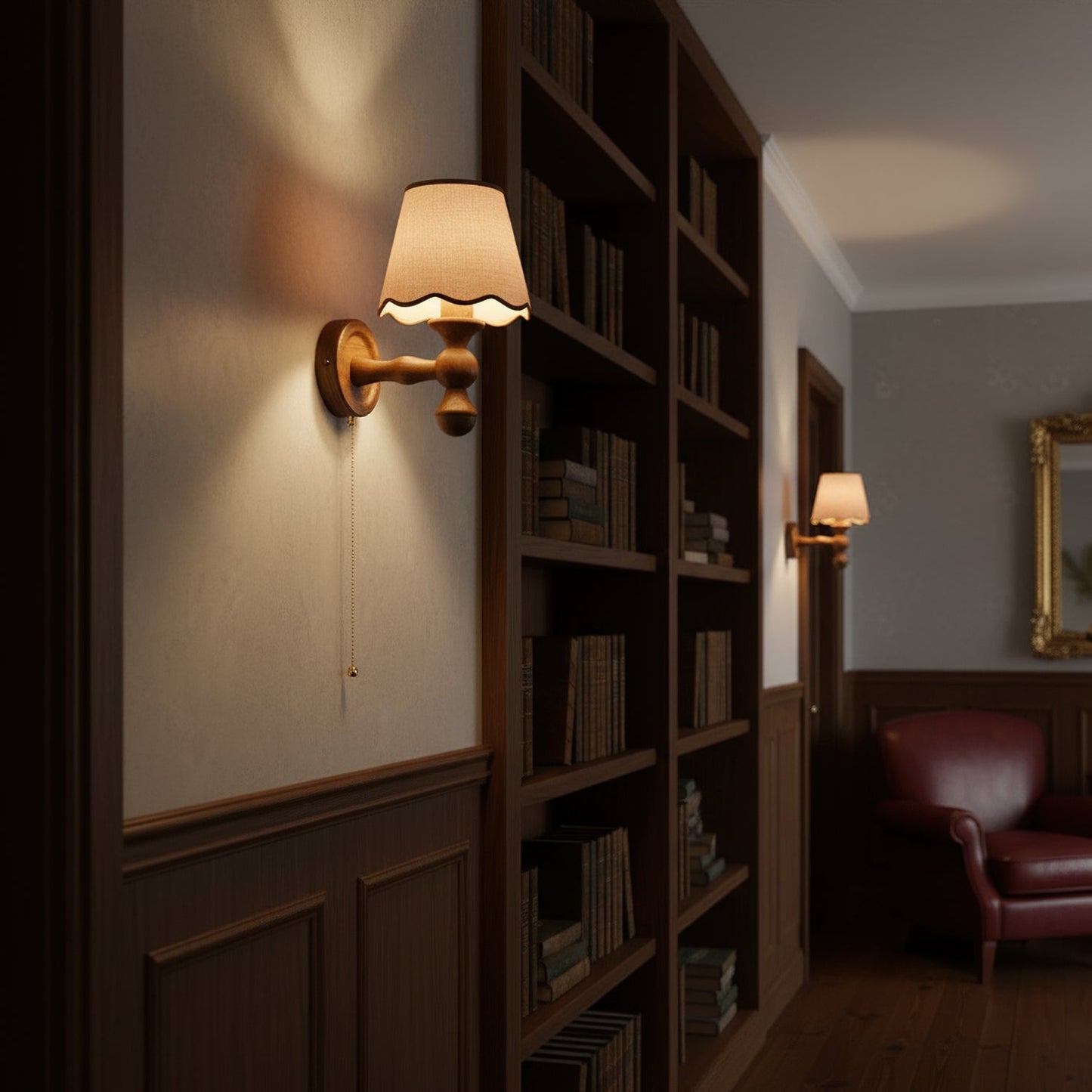 Wandlamp met golvende stoffen kap – Walnoot en beige vintage wandverlichting voor slaapkamer en gang