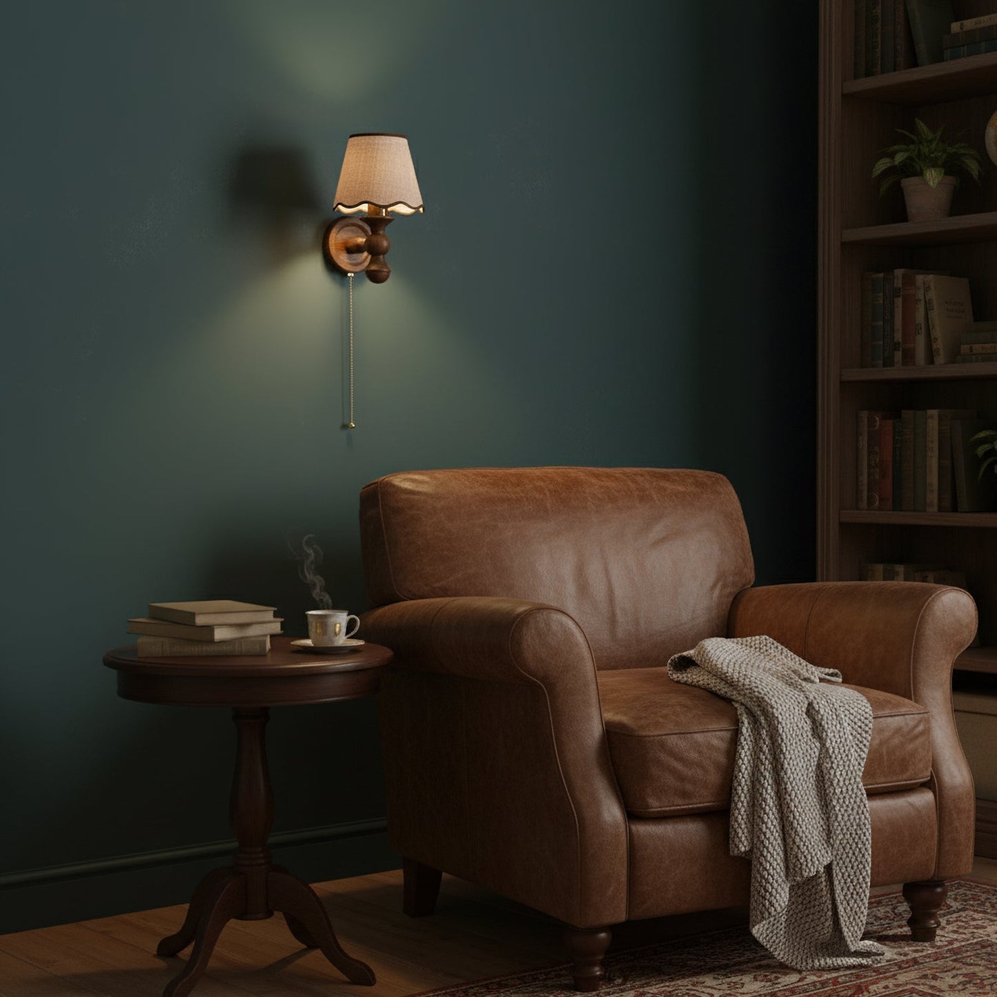 Wandlamp met golvende stoffen kap – Walnoot en beige vintage wandverlichting voor slaapkamer en gang