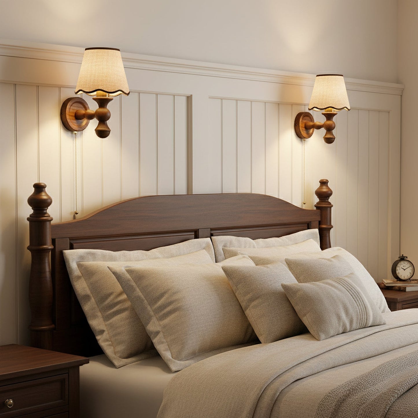 Wandlamp met golvende stoffen kap – Walnoot en beige vintage wandverlichting voor slaapkamer en gang