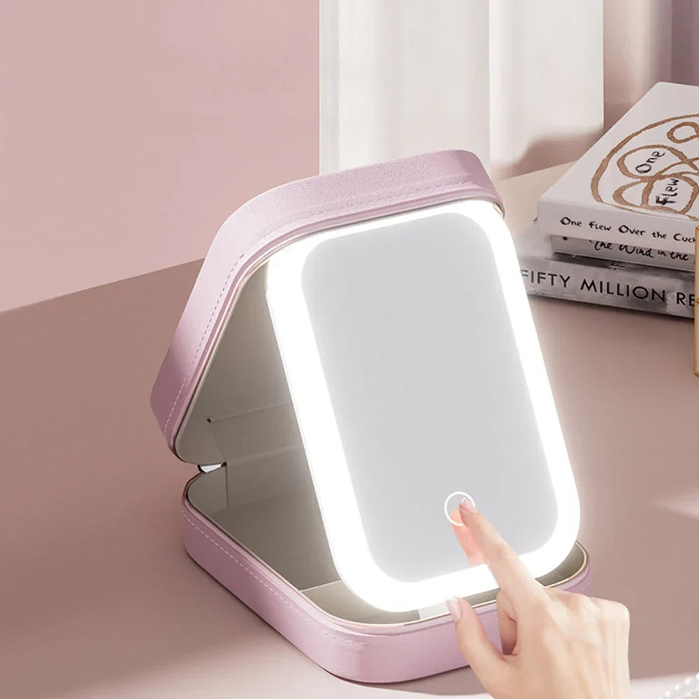 LED Make-up Organizer Box met Spiegel en 3 Lichtinstellingen – Reiskoffer voor Cosmetica