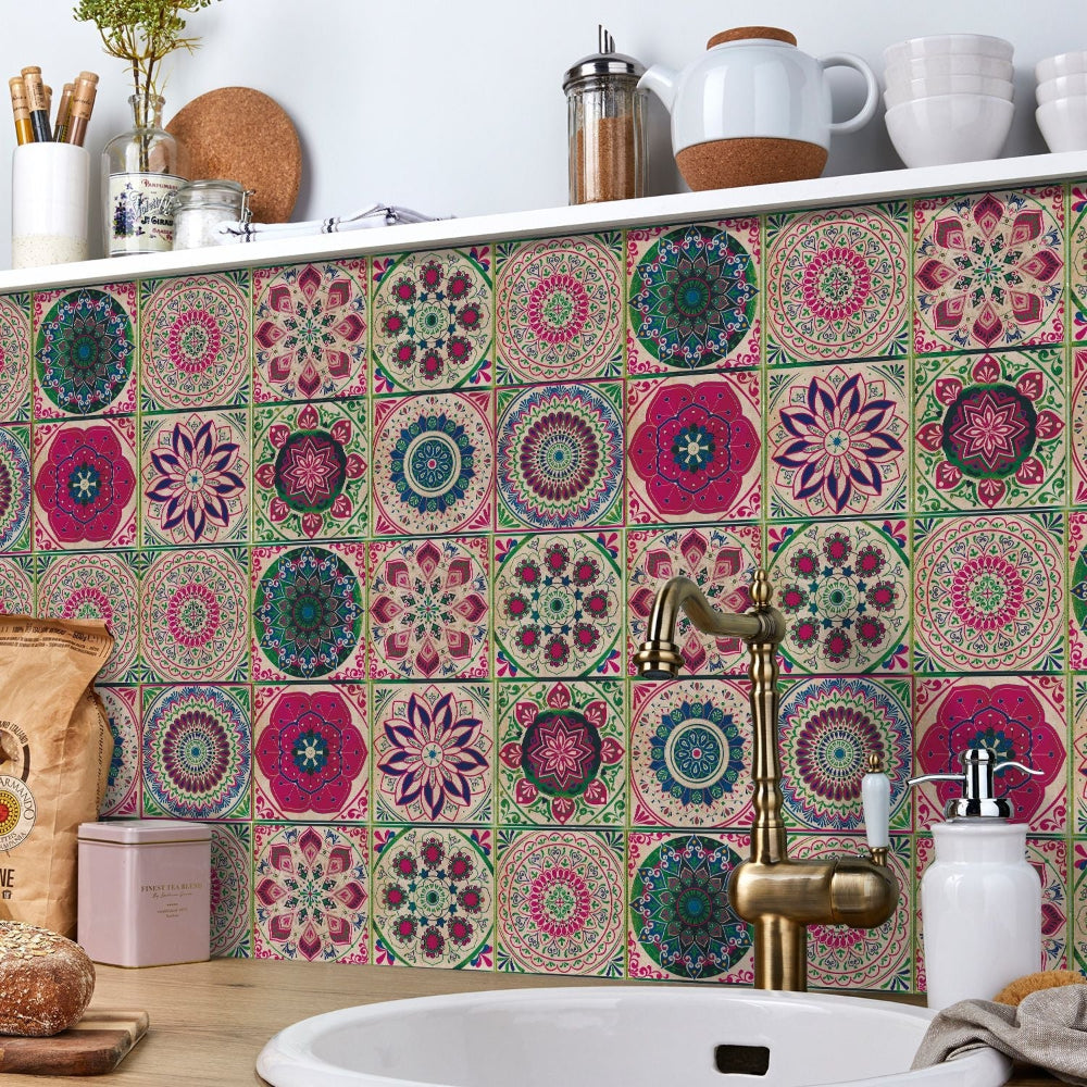 Zelfklevende Portugese tegelstickers met kleurrijk mandala patroon voor keuken en badkamer wanddecoratie set van 24 stuks