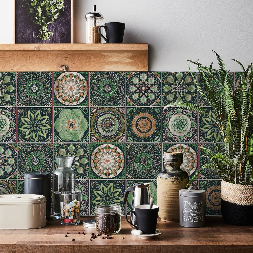Zelfklevende Portugese tegelstickers met kleurrijk mandala patroon voor keuken en badkamer wanddecoratie set van 24 stuks