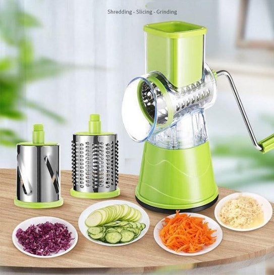 Roterende Keukenrasp met 3 Messen – Handmatige Multifunctionele Groentesnijder en Kaasrasp voor Salade, Gebak en Pasta
